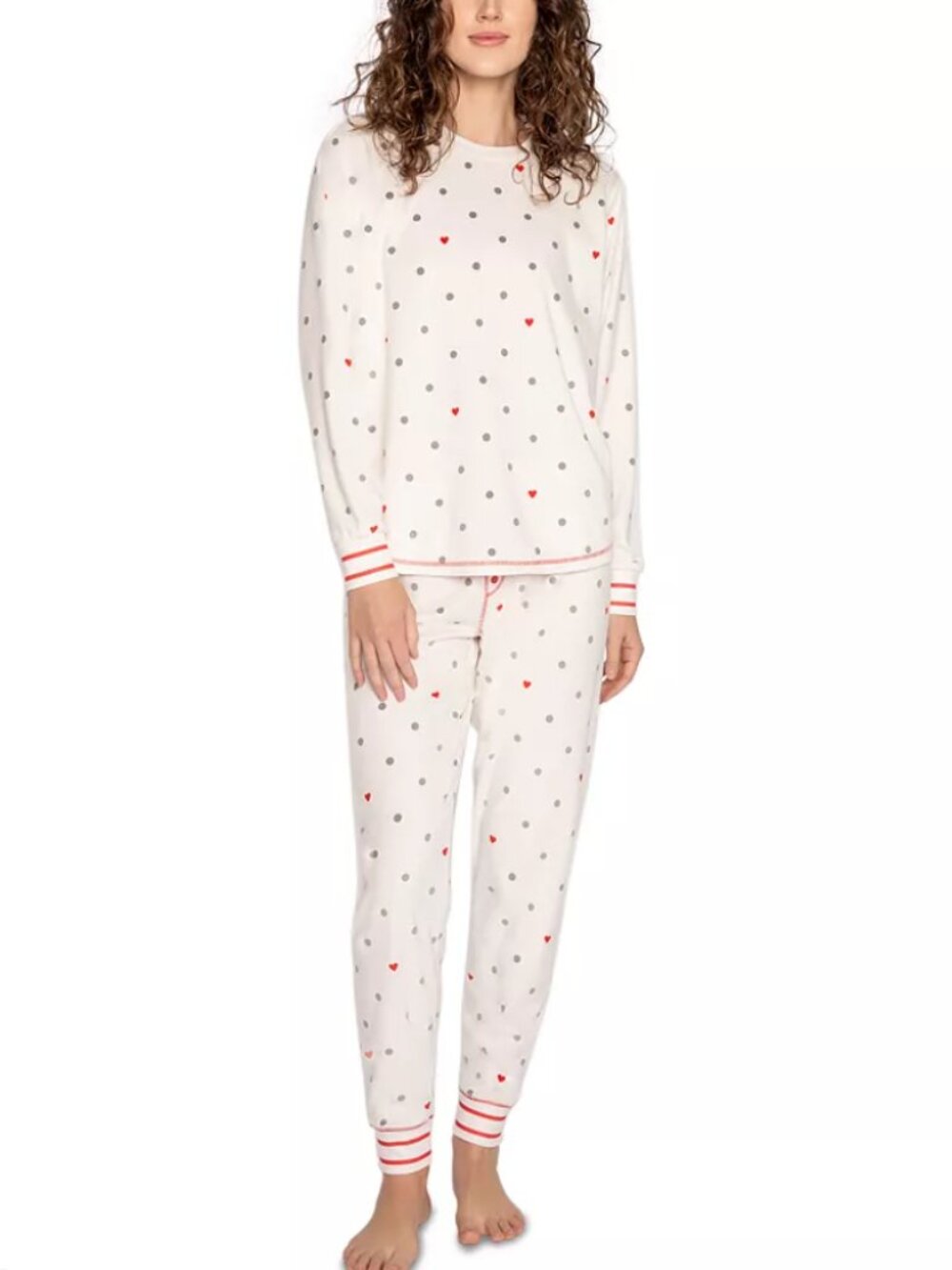 PJ Salvage Forever Festive Long Pajama Set Ivory Red HEARTS Grey Dots Sz Large